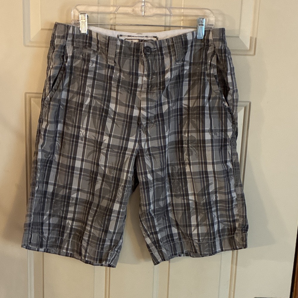 VTG Y2K Urban Pipeline Men's Gray Tan Plaid Chino Shorts Flat Front Zip Pockets